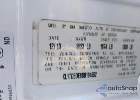 2011 Chevrolet Aveo 1Lt z USA, uszkodzony, nr VIN KL1TD5DE8BB194652